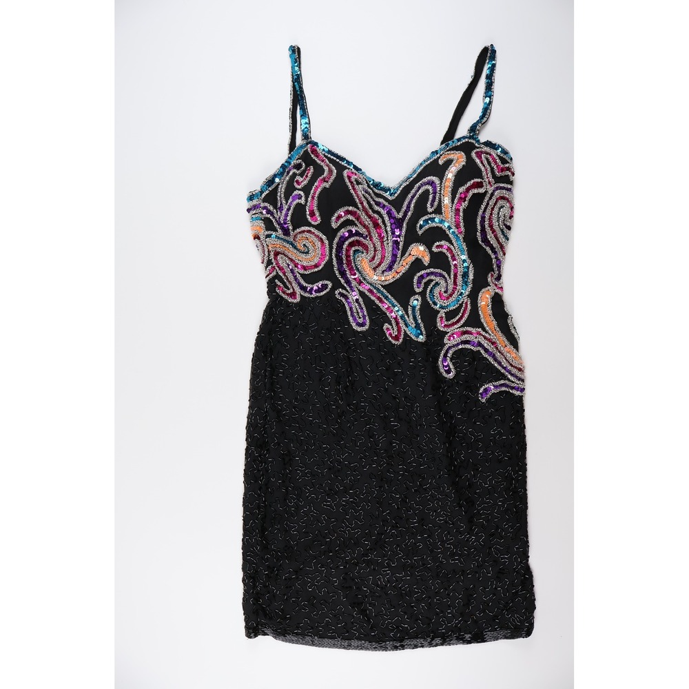 Alyce Designs Beaded 100% Silk Mini Dress Multi Color Sequin Swirl Vintage 6